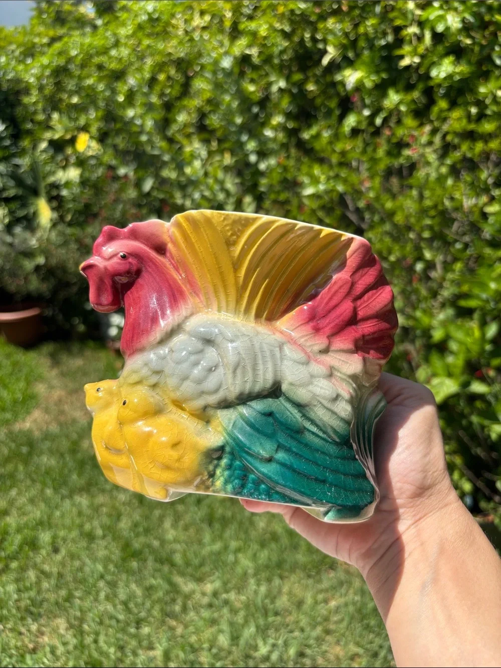 Vintage Hand-Painted Rooster Ceramic Vase in Red, Yellow & Green